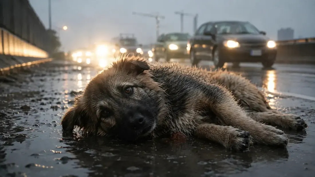 Illustration of an injured, soaked dog lying on a wet road with car headlights behind her