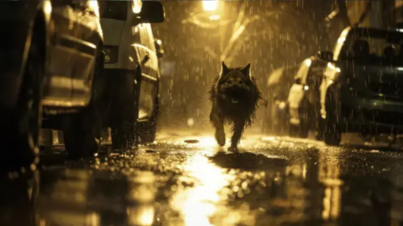 Illustration of a dog running through heavy rain on a city street at night between parked cars